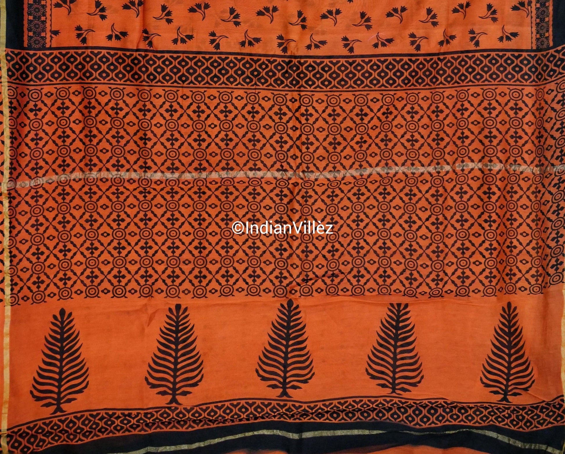 Orange Block Print Chanderi Silk Handloom Saree - IndianVillèz