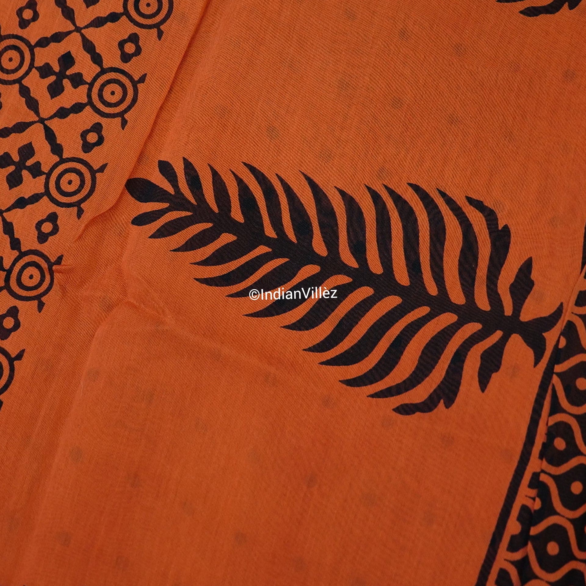 Orange Block Print Chanderi Silk Handloom Saree - IndianVillèz