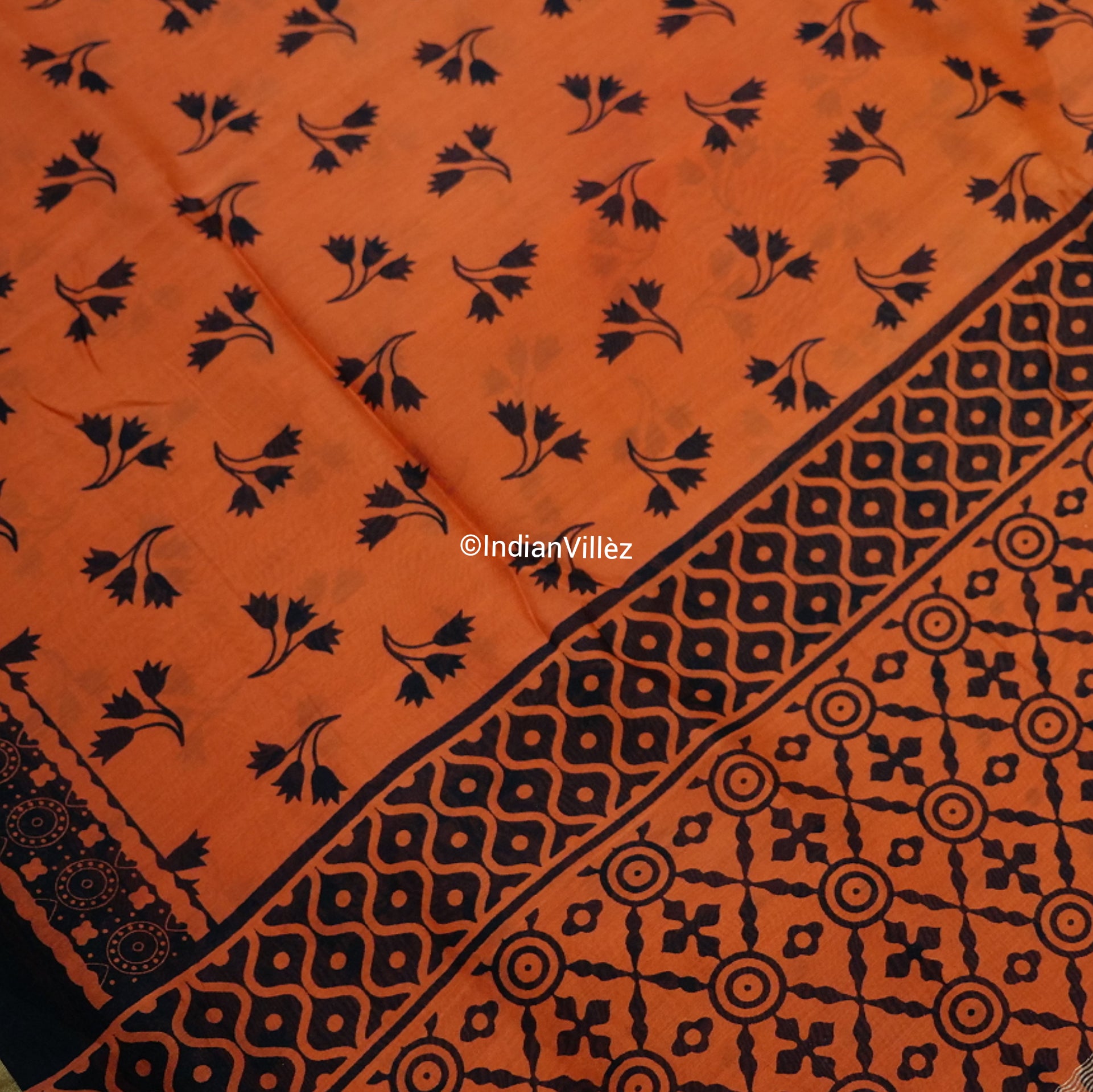 Orange Block Print Chanderi Silk Handloom Saree - IndianVillèz