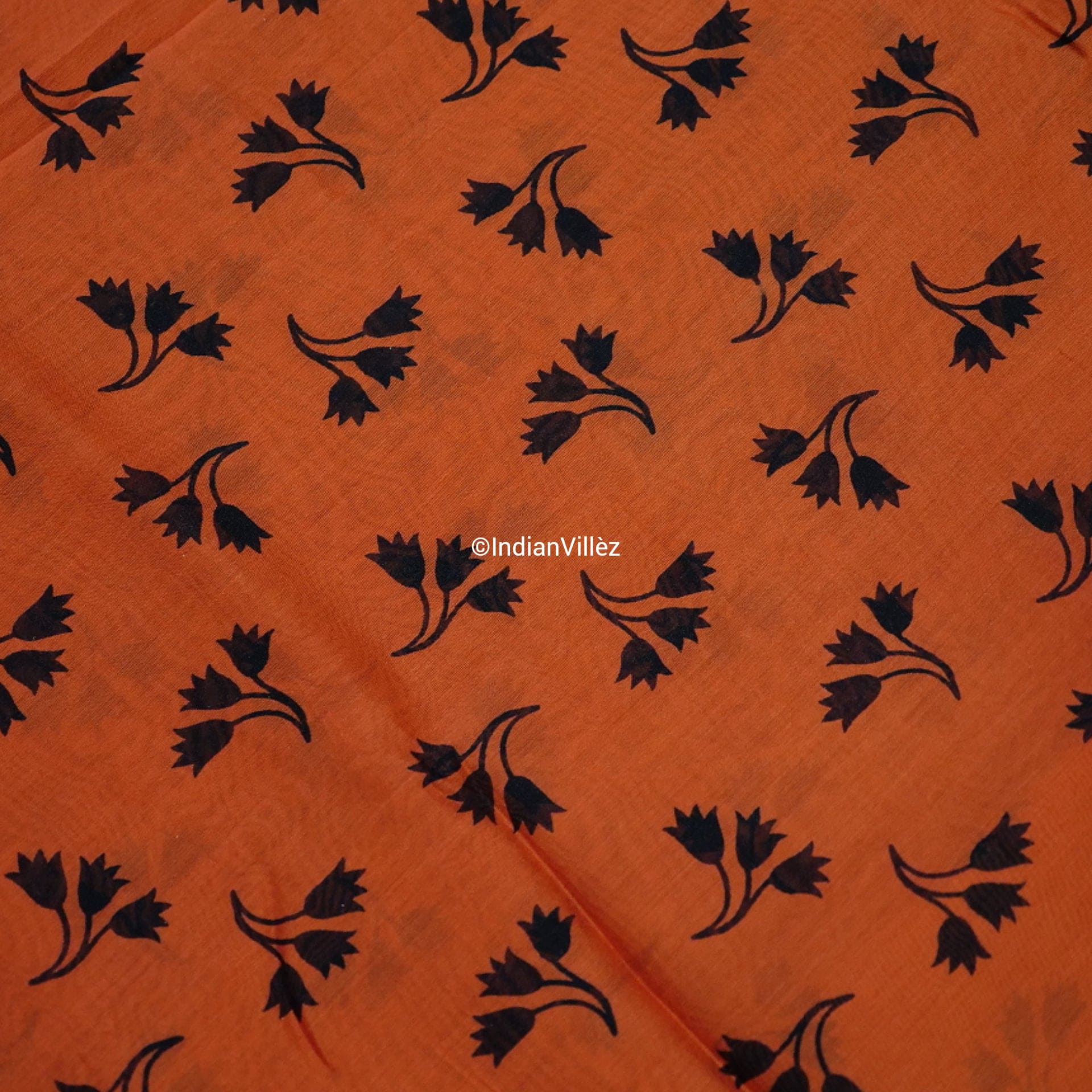 Orange Block Print Chanderi Silk Handloom Saree - IndianVillèz