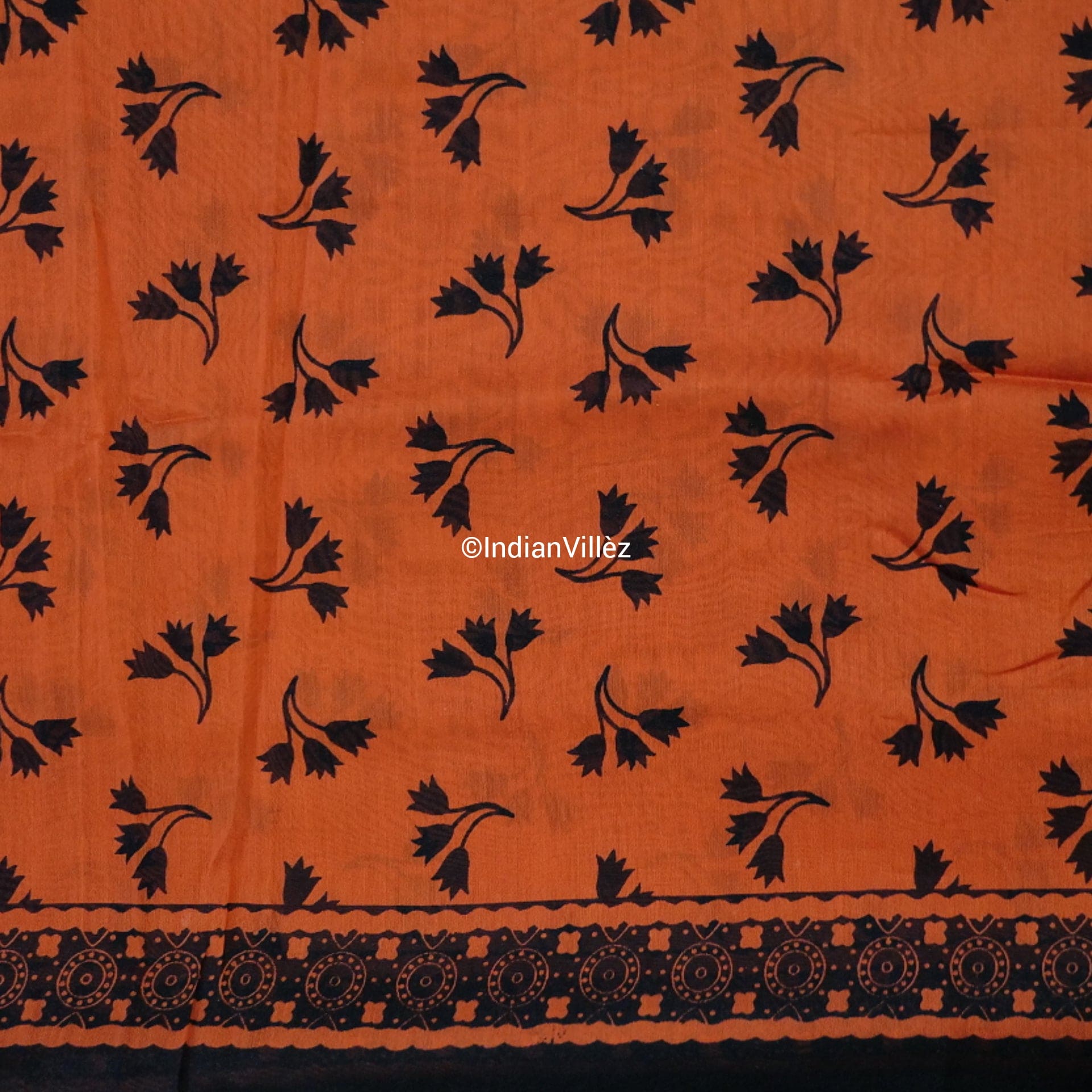 Orange Block Print Chanderi Silk Handloom Saree - IndianVillèz