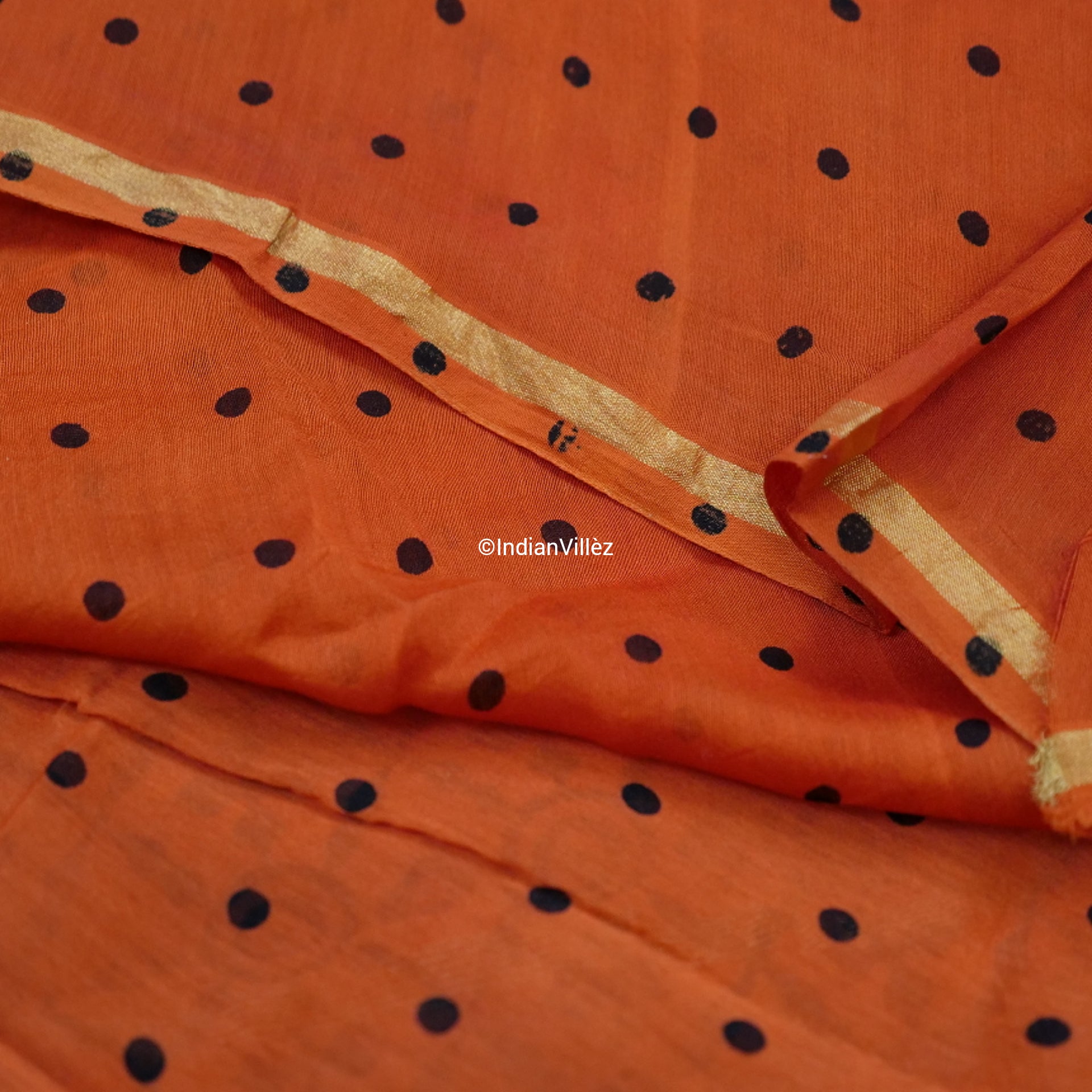 Orange Block Print Chanderi Silk Handloom Saree - IndianVillèz