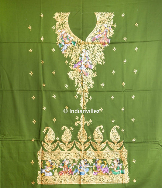 Green Pattachitra Kurti Dress on Silk*Cotton Material - Indianvillez