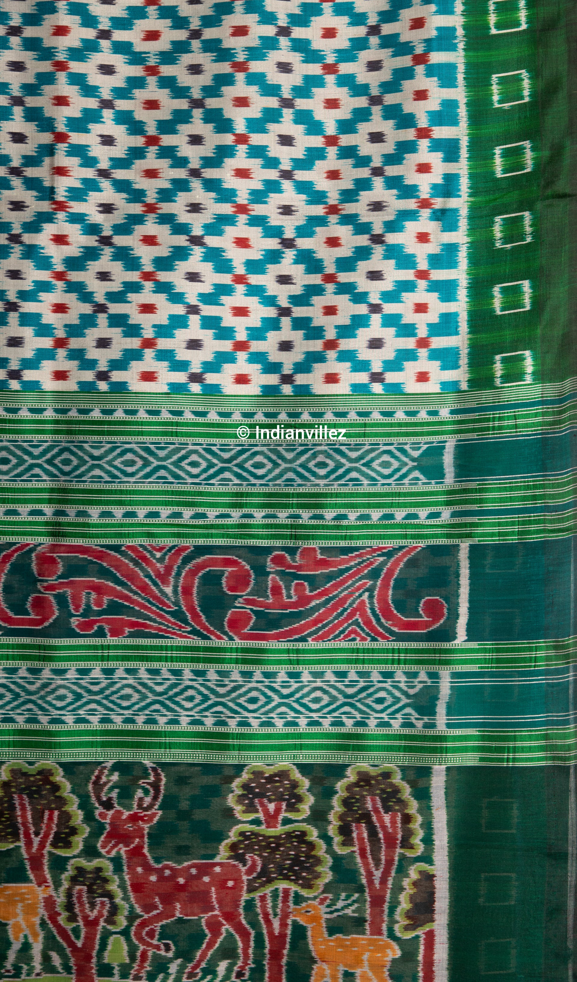 Aqua green contemporary pasapali with scenery anchal Odisha Handloom Silk saree