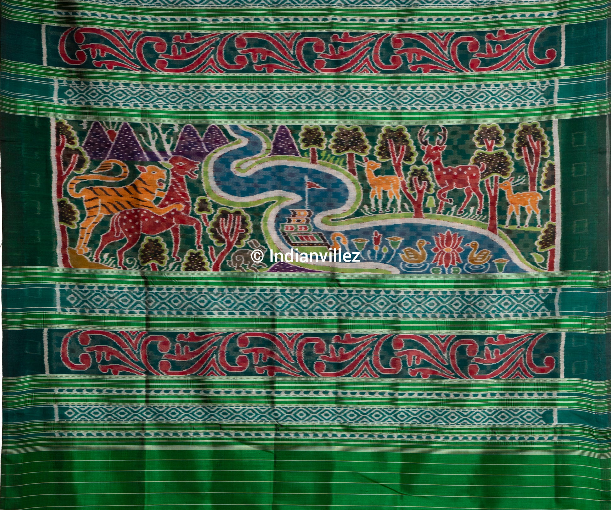 Aqua green contemporary pasapali with scenery anchal Odisha Handloom Silk saree