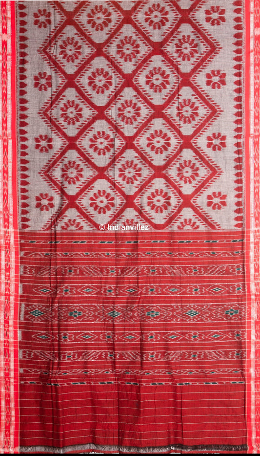 Grey Red Bada Fula ( Big Flower ) Odisha Ikat Handloom Cotton Saree