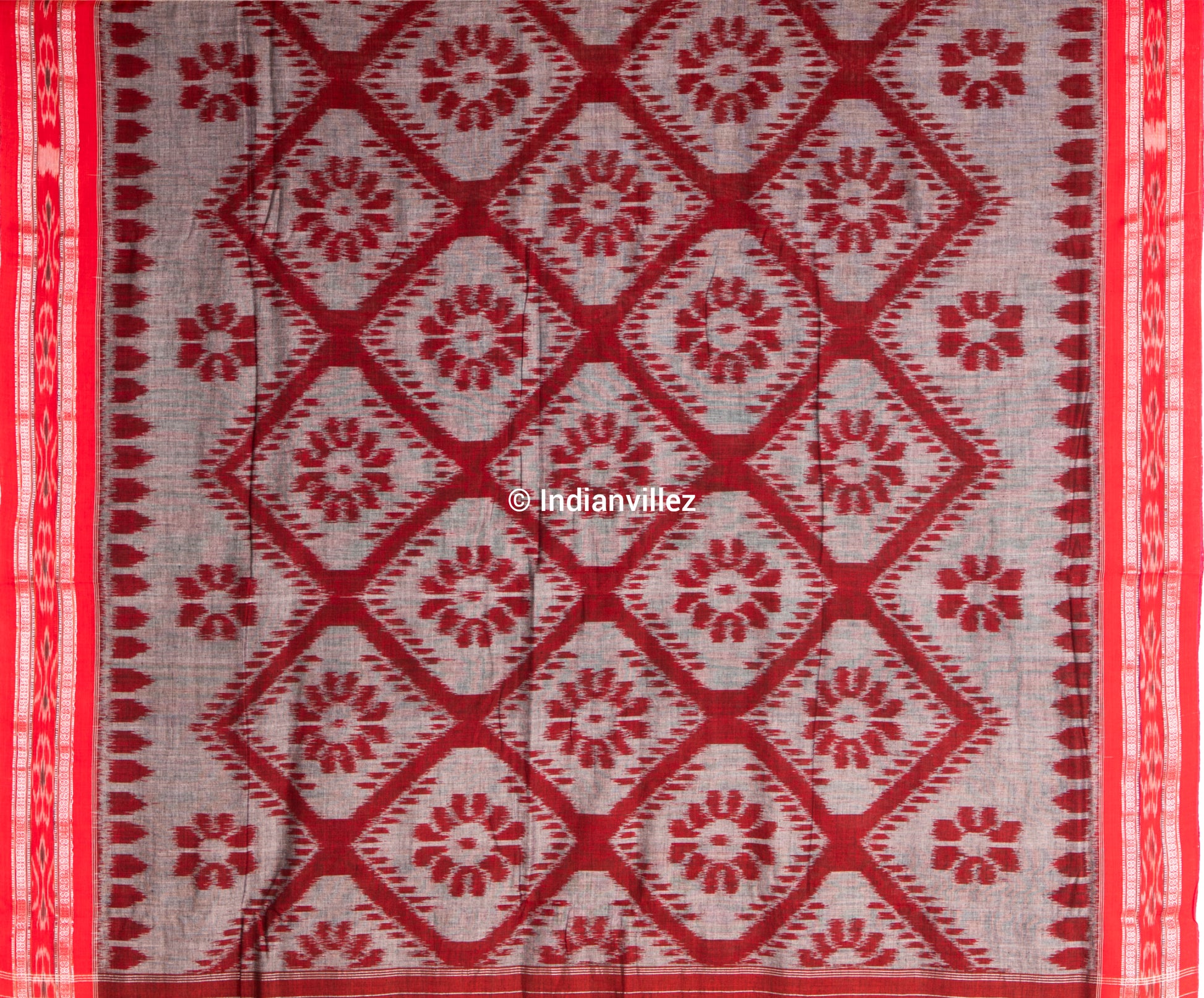 Grey Red Bada Fula ( Big Flower ) Odisha Ikat Handloom Cotton Saree