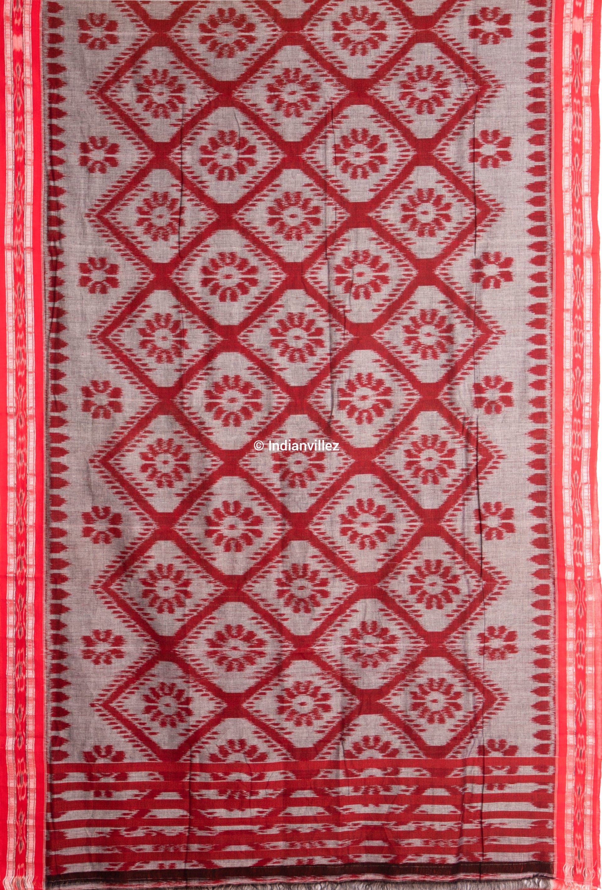 Grey Red Bada Fula ( Big Flower ) Odisha Ikat Handloom Cotton Saree