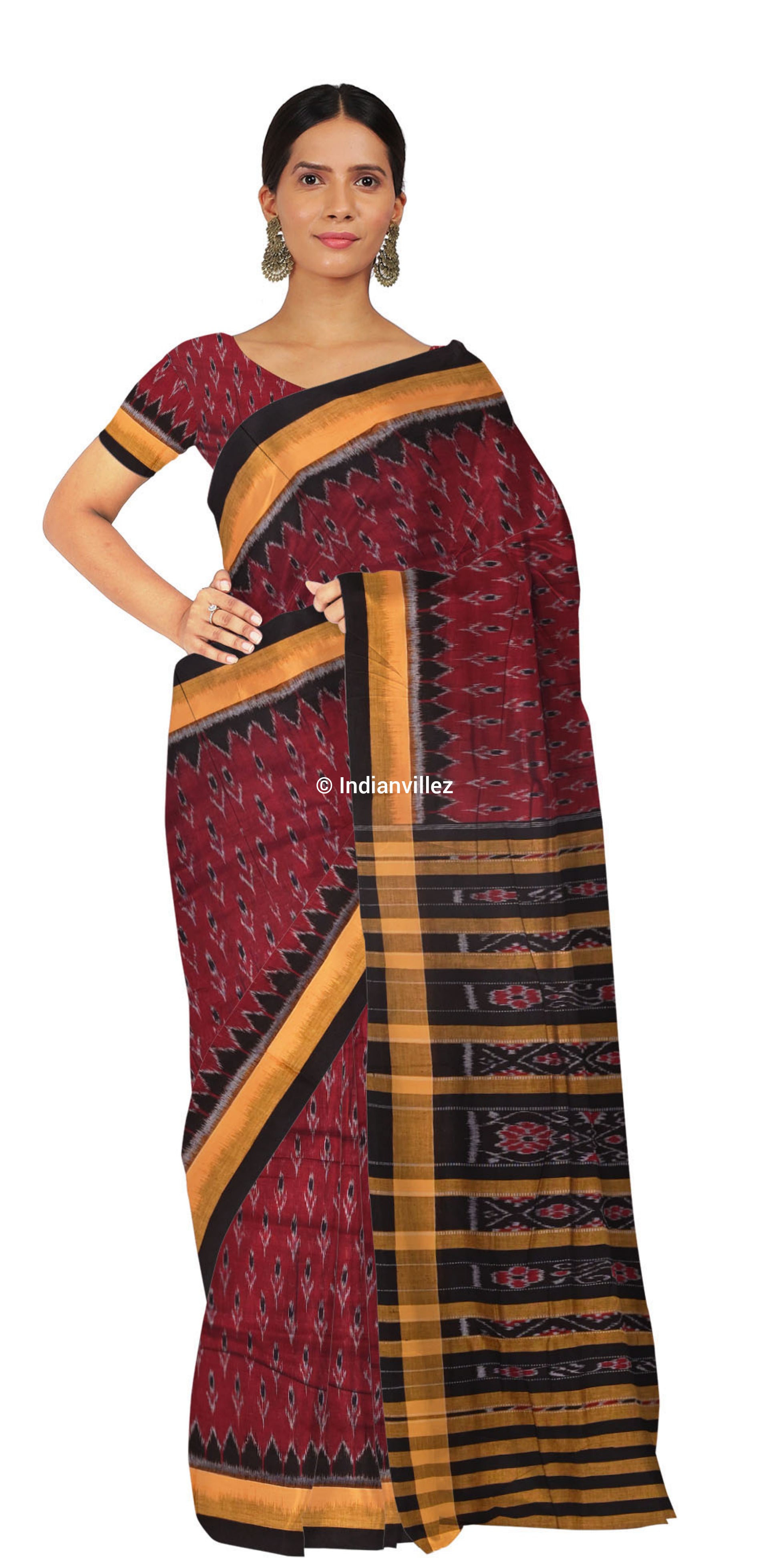 Maroon with Yellow Border Odisha Handloom Cotton Ikat Saree