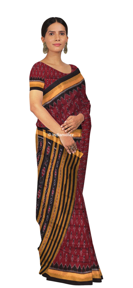 Maroon with Yellow Border Odisha Handloom Cotton Ikat Saree