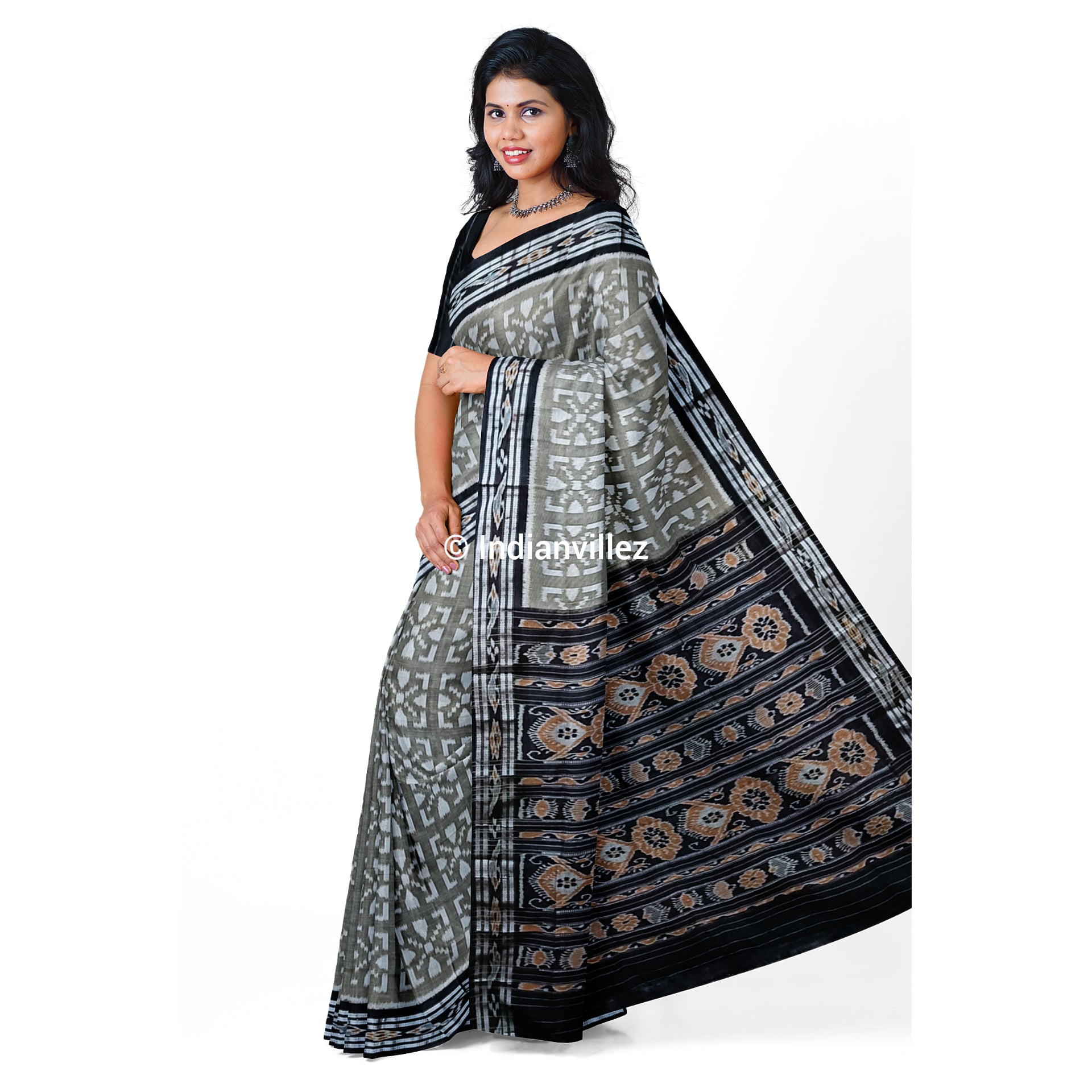 Grey Black Odisha Handloom Sambalpuri Ikat Cotton Saree