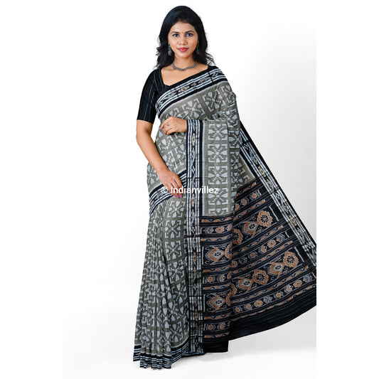 Grey Black Odisha Handloom Sambalpuri Ikat Cotton Saree