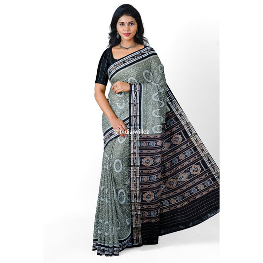 Grey With Black Anchal Sambalpuri Ikat Cotton Saree