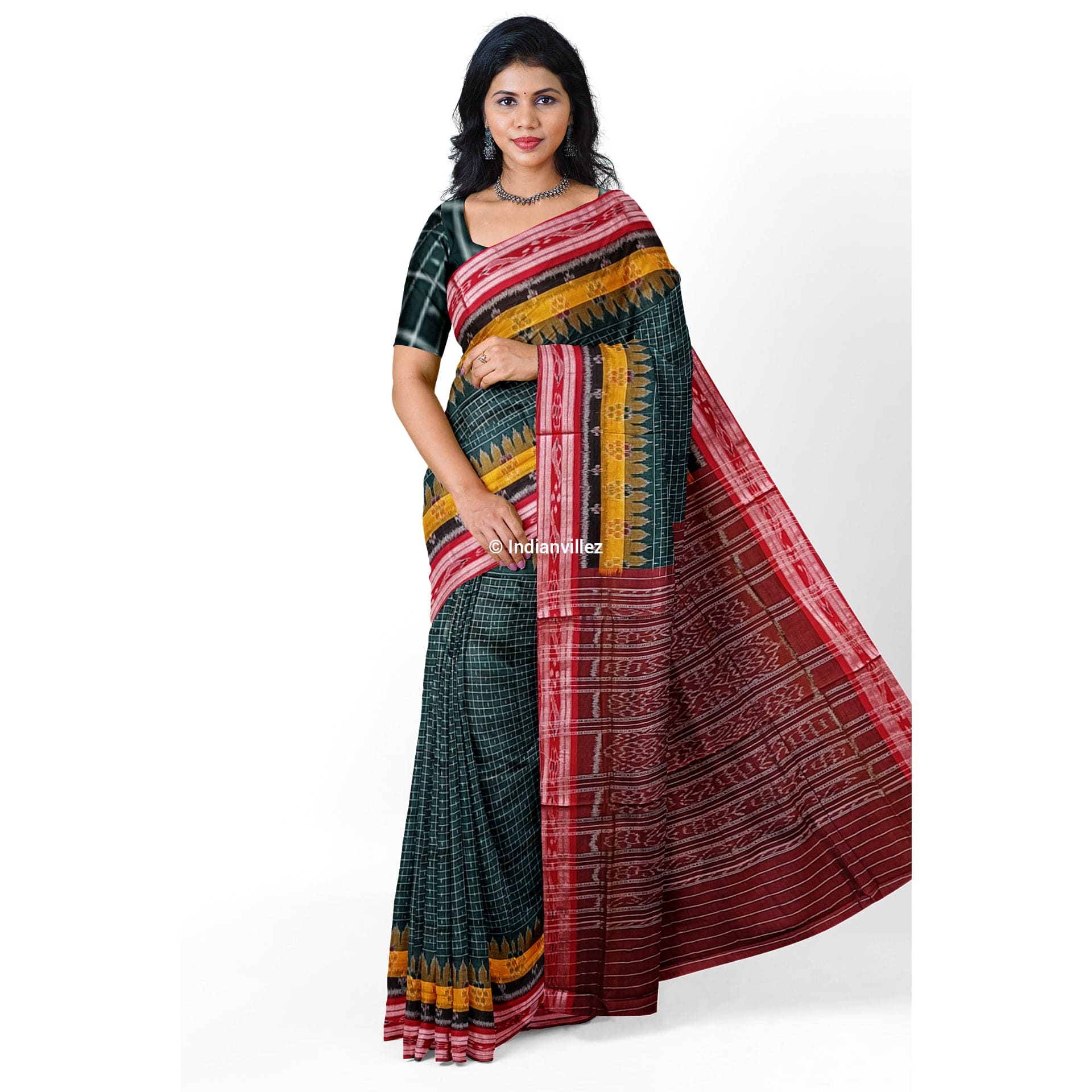 Green Maroon Checks Sambalpuri Ikat Cotton Saree