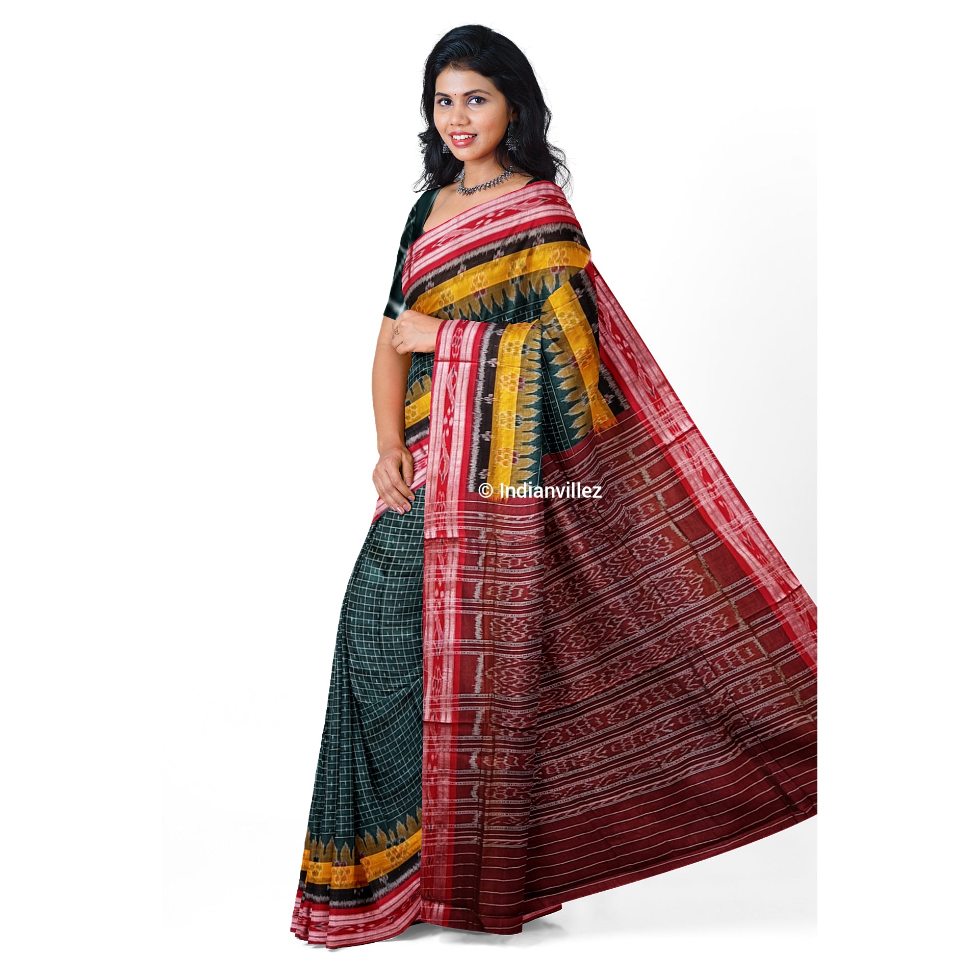 Green Maroon Checks Sambalpuri Ikat Cotton Saree