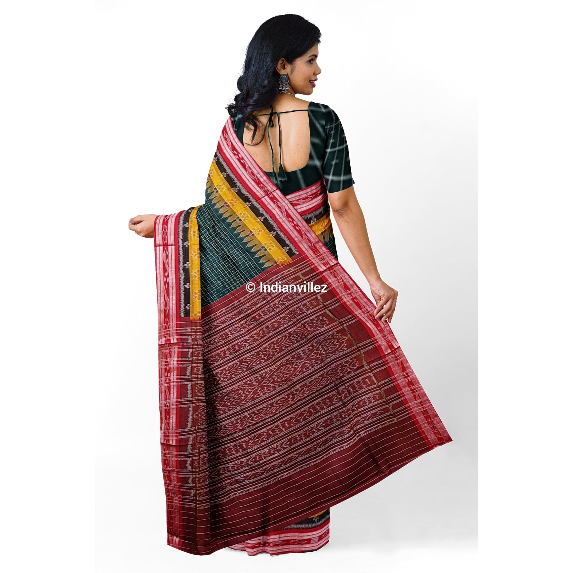 Green Maroon Checks Sambalpuri Ikat Cotton Saree