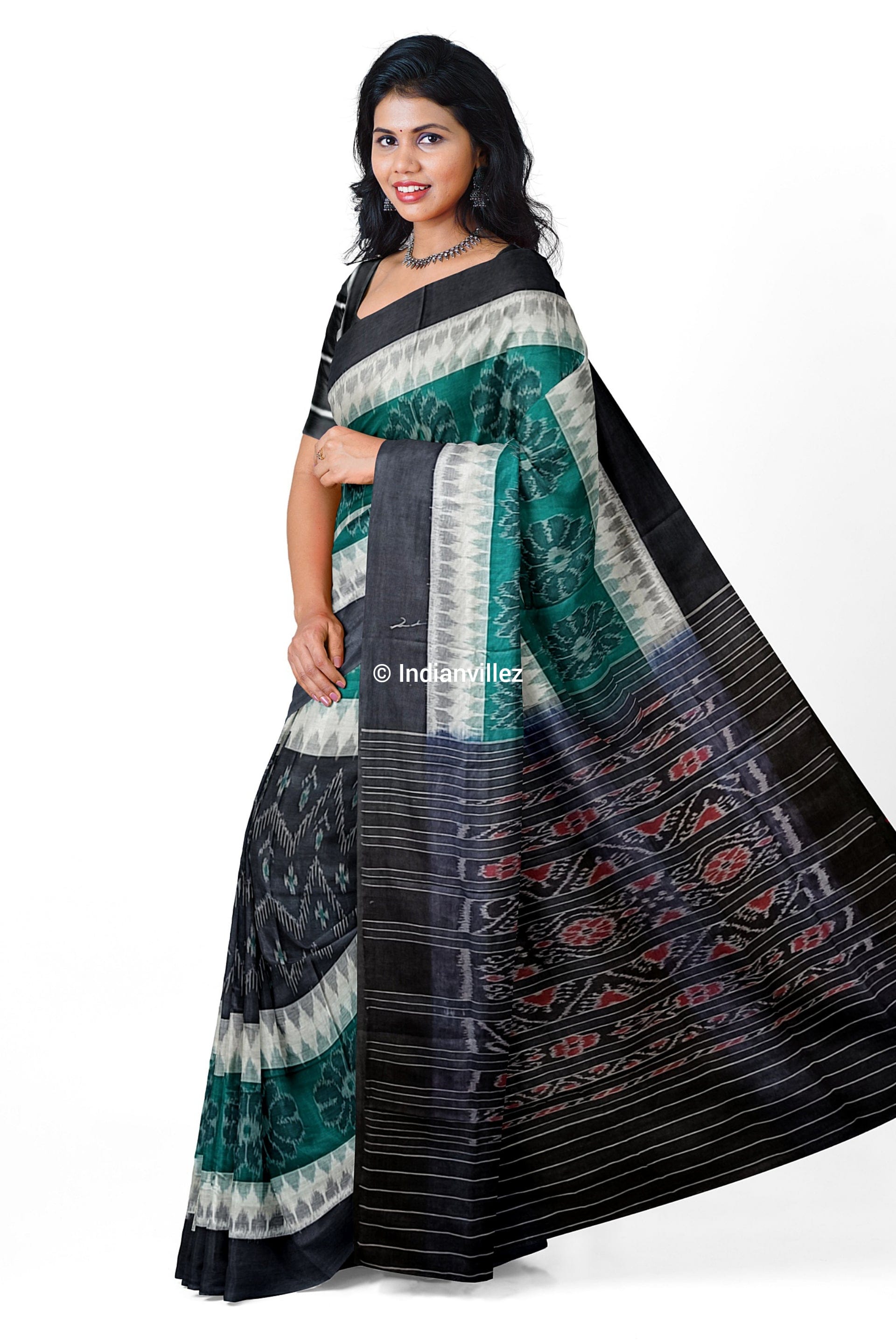 Black Green Flower Sambalpuri Handloom Cotton Saree