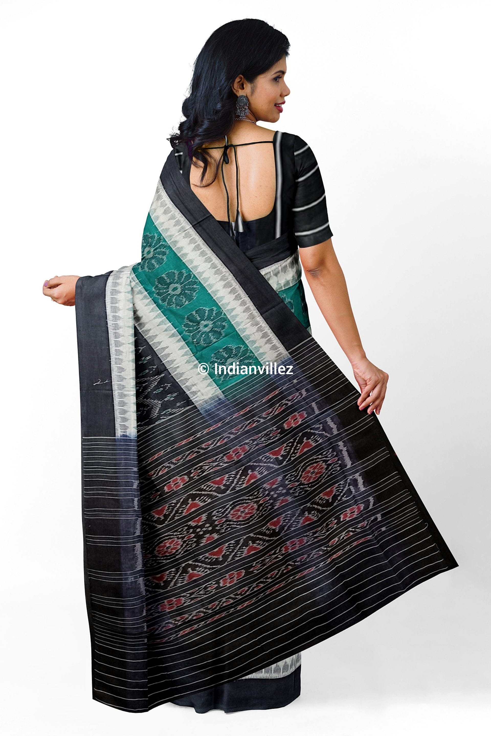 Black Green Flower Sambalpuri Handloom Cotton Saree