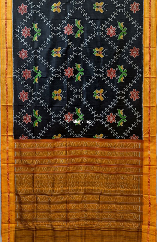 Black Lotus Bird and Butterfly Odisha Handloom Khandua Silk Saree