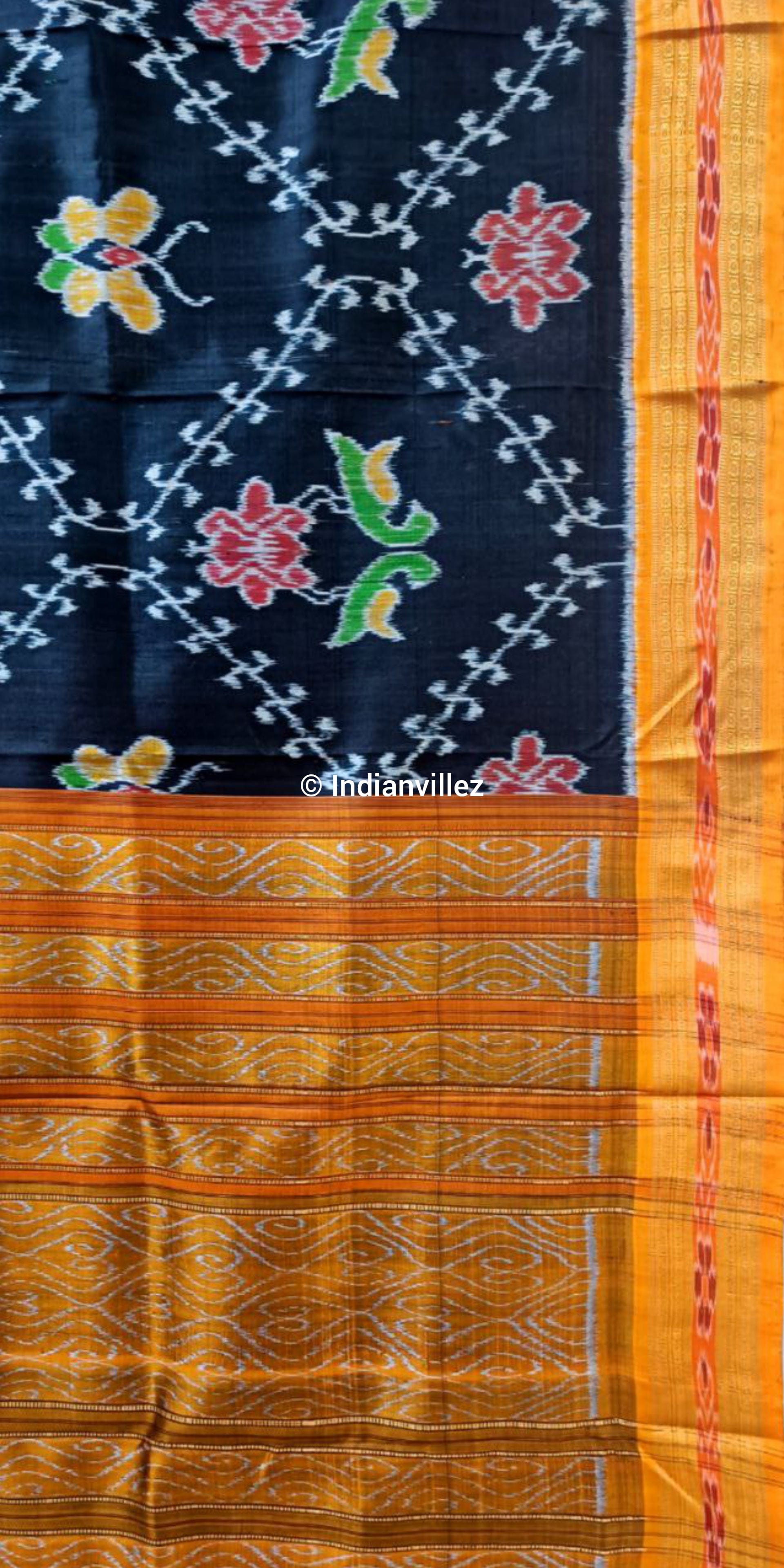 Black Lotus Bird and Butterfly Odisha Handloom Khandua Silk Saree