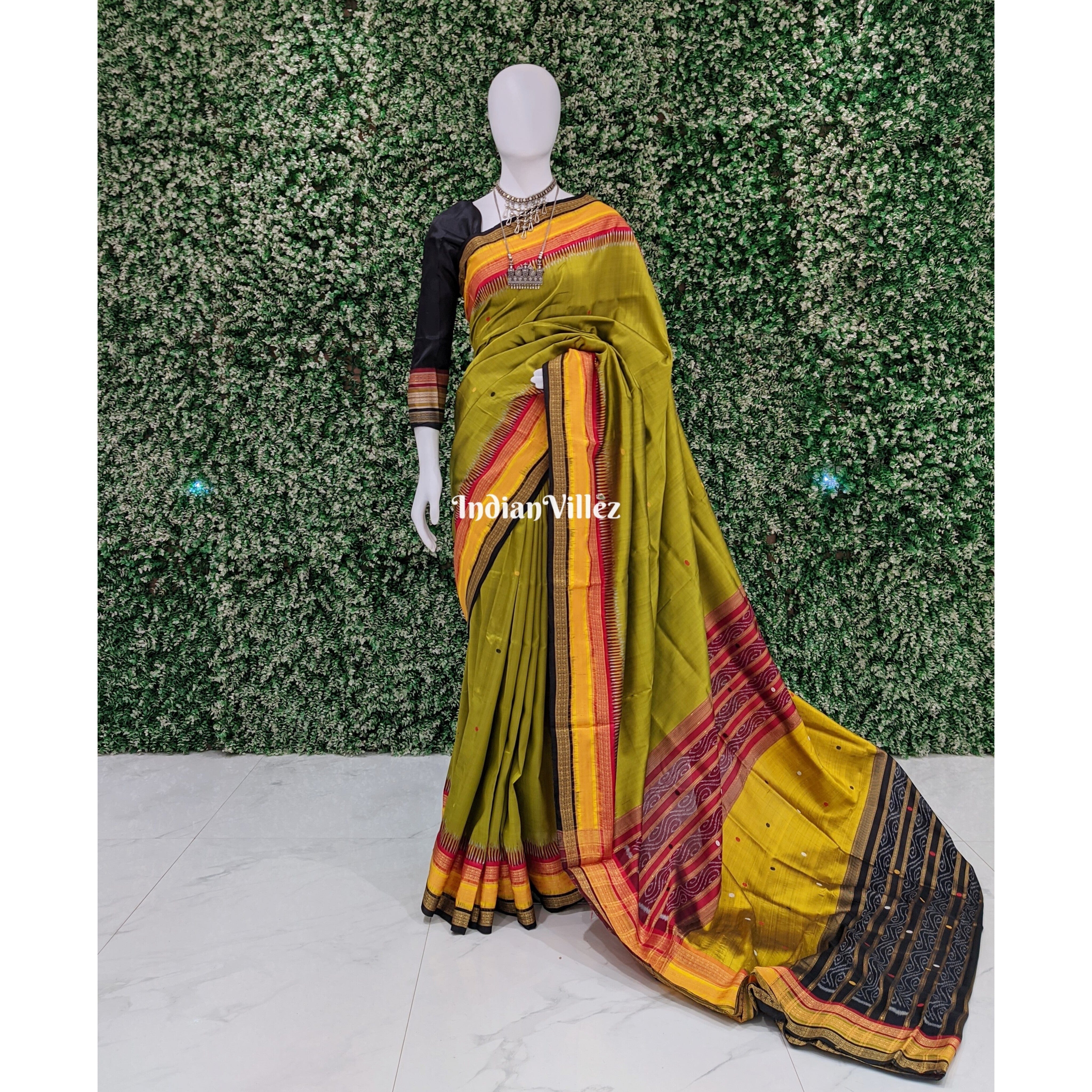 Mehndi Green Kathiphera Ikat Odisha Handloom Silk Saree