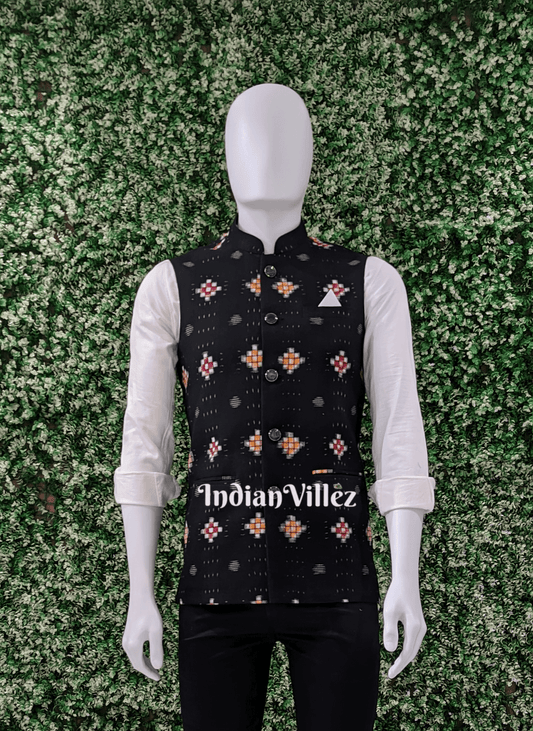 Black Pasapali Cotton Ikat Half Bandi Jacket (Waistcoat)