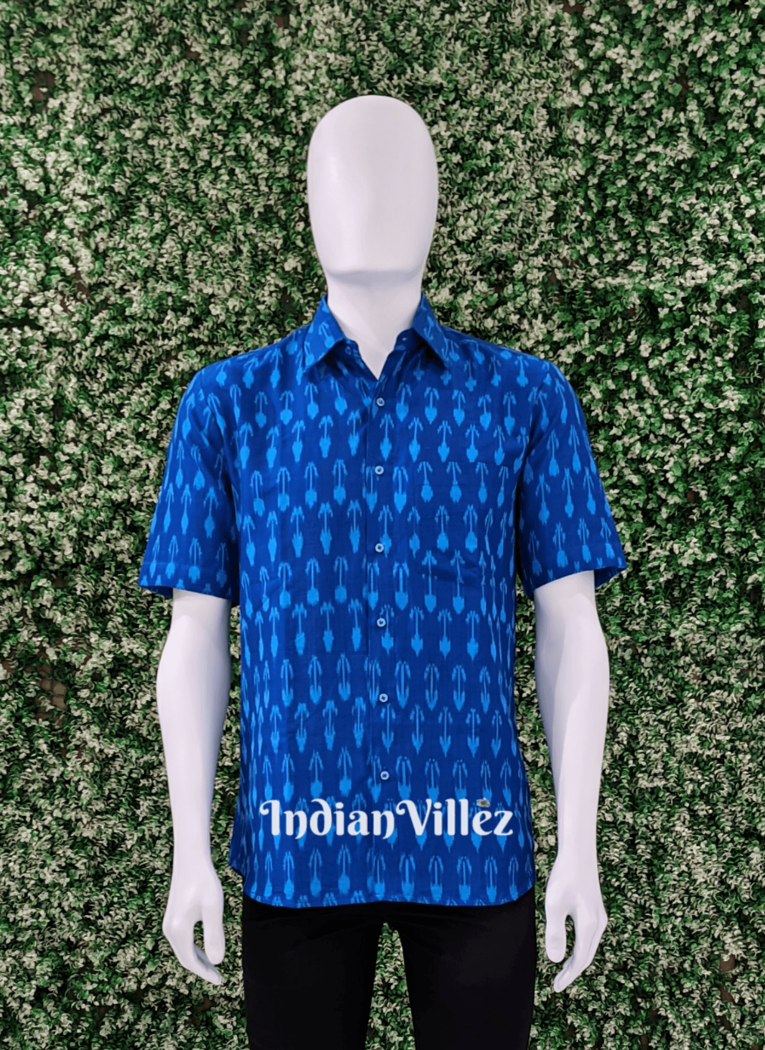 Blue Cotton Ikat Half Sleeve Shirt for Men