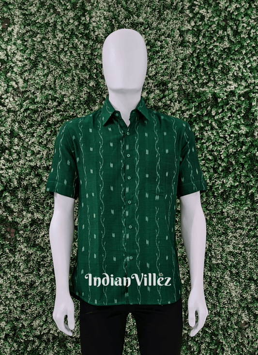 Green with White Tippa Design Cotton Ikat Half Shirt for Men