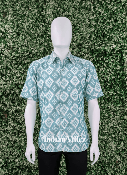 Mint Green Pasapali Cotton Ikat Half Shirt for Men