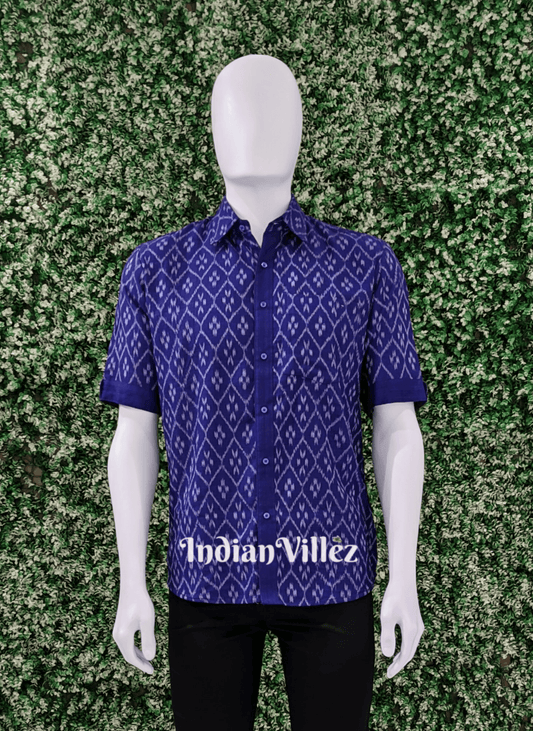 Blue Pasapali Cotton Ikat Half Shirt for Men