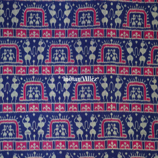 Blue Pink Tribal Motifs Sambalpuri Ikat Cotton Fabric