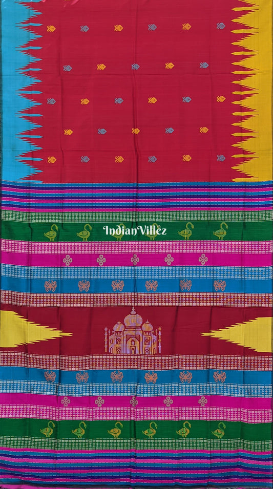 Red Taj Mahal Odisha Handloom Berhampuri Single Pallu Silk Saree