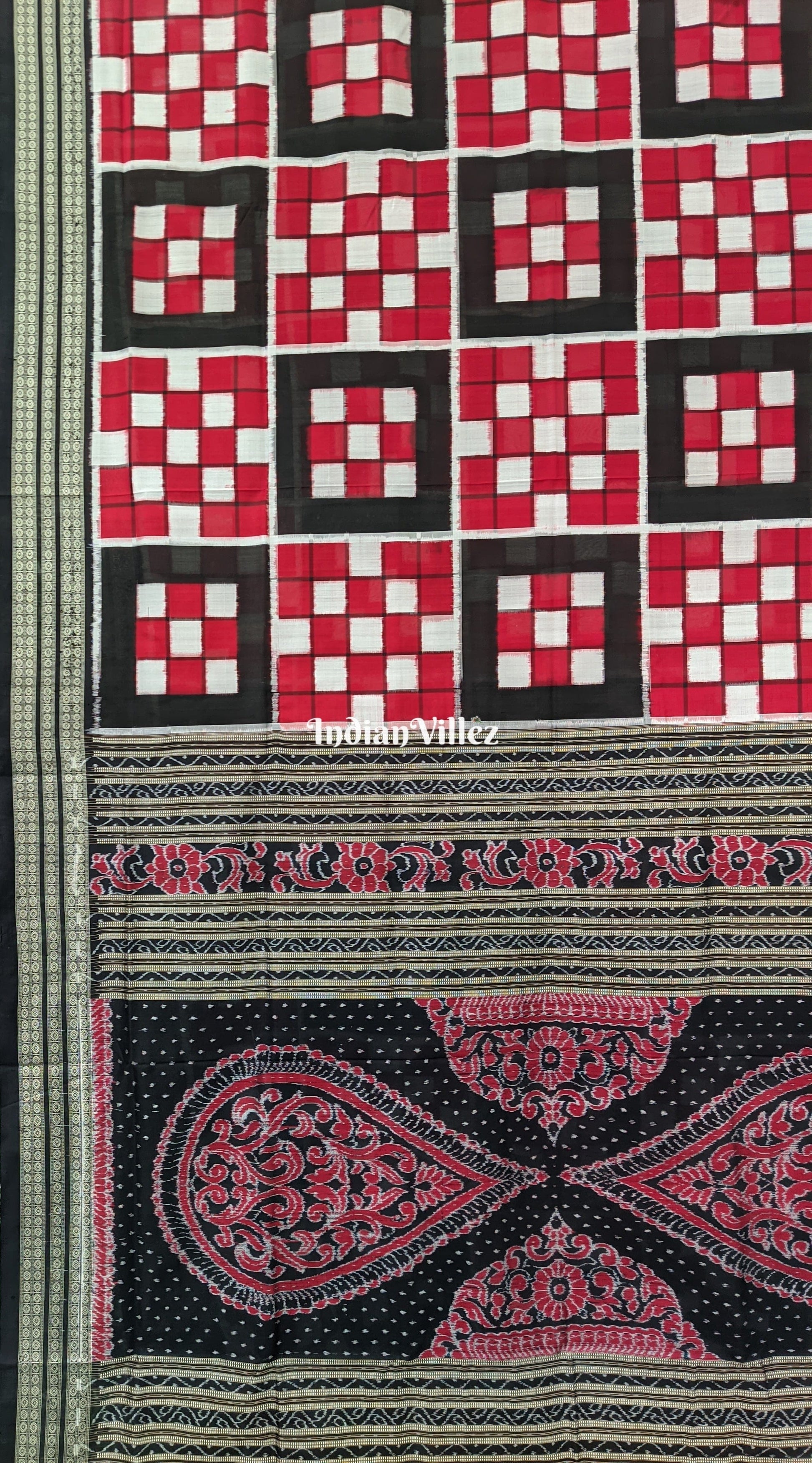 Black Red 5 Kothi Bada Pasapali Sambalpuri Silk Saree