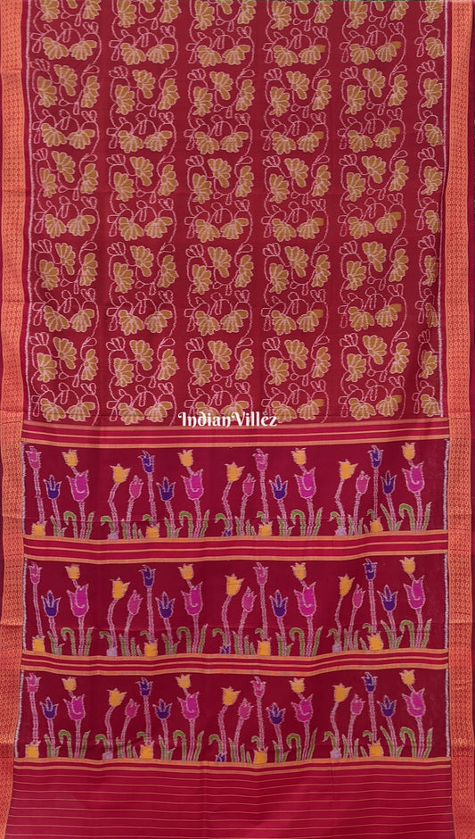 Brick Red Contemporary Floral Odisha Handloom Silk Saree with Lotus Pallu