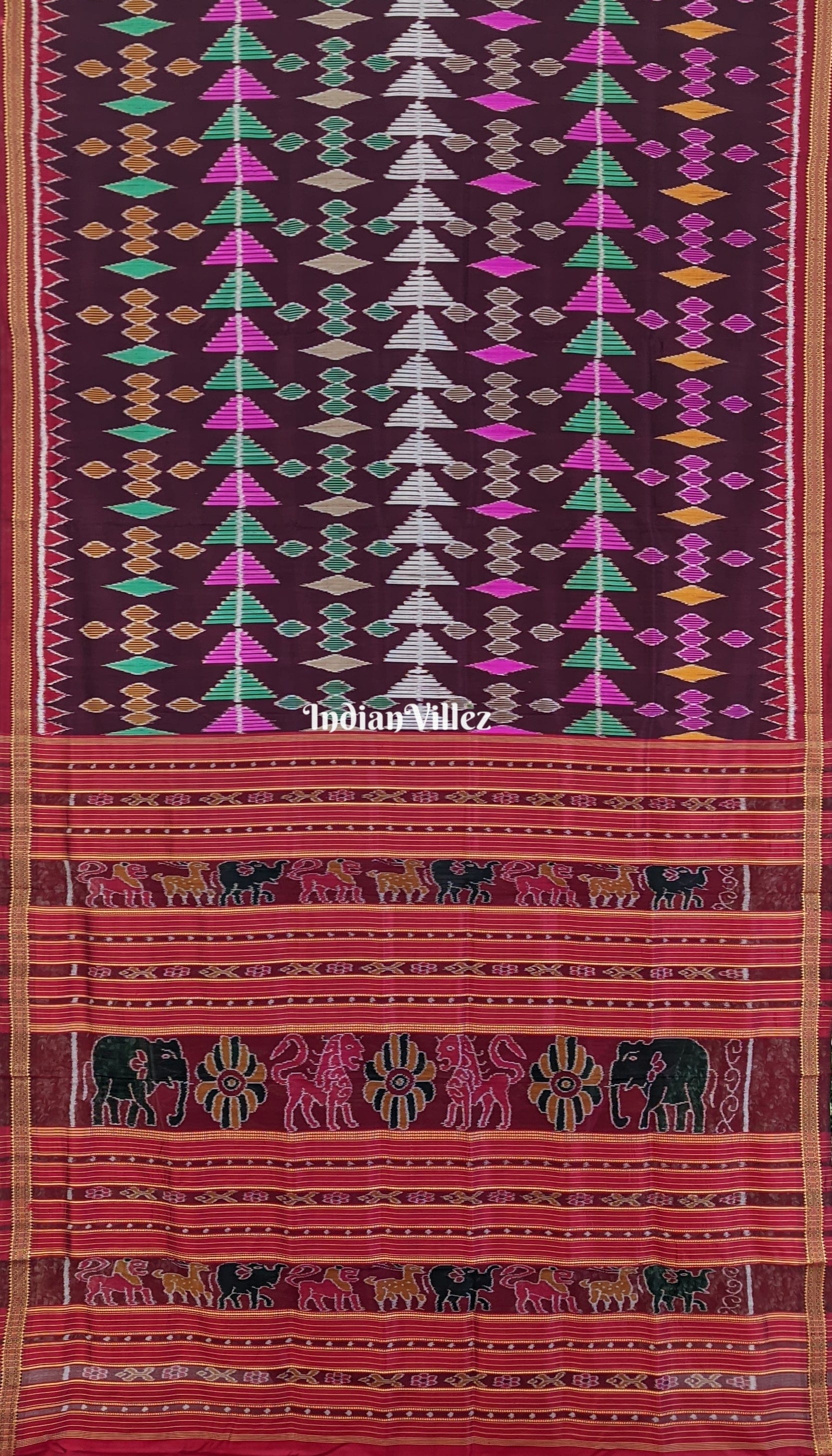 Dark Wine Multicolored Geometric Ikat Khandua Silk Saree