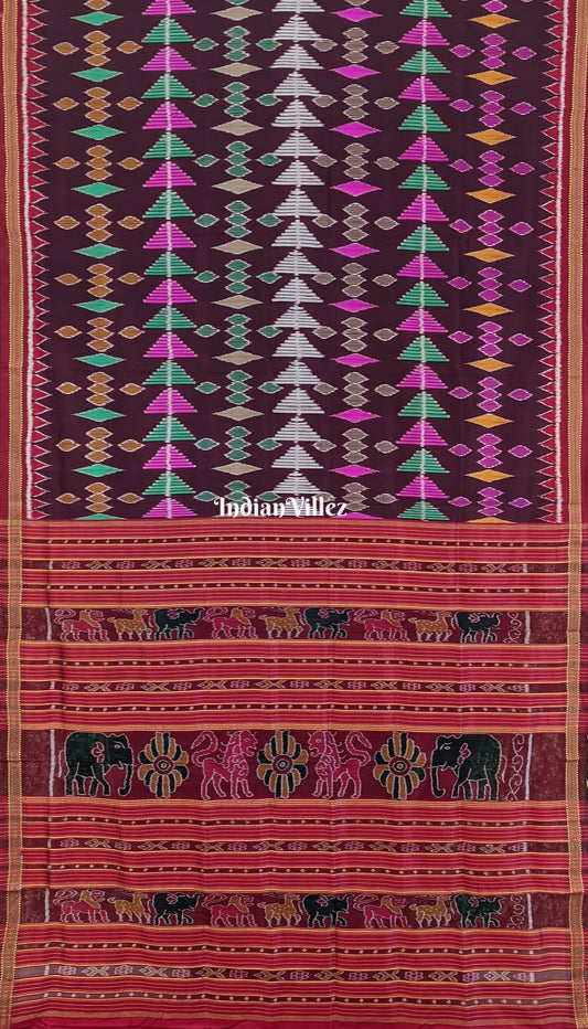 Dark Wine Multicolored Geometric Ikat Khandua Silk Saree