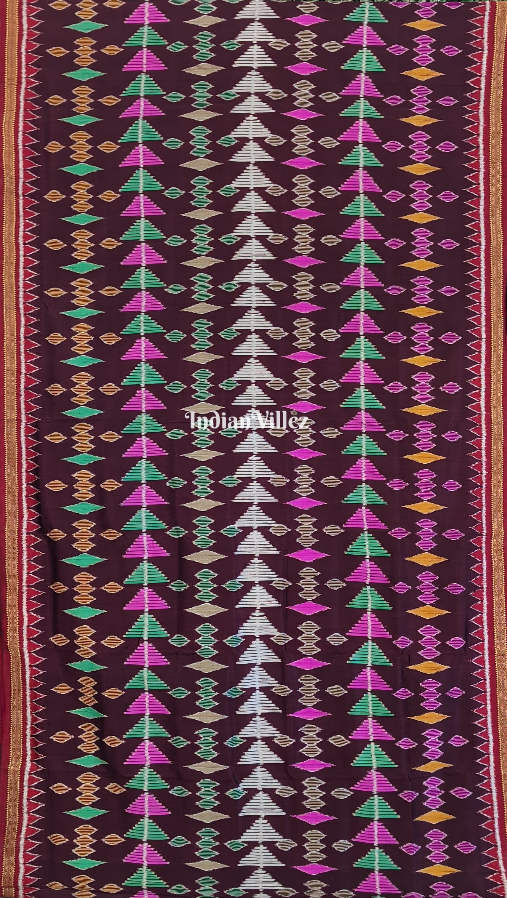 Dark Wine Multicolored Geometric Ikat Khandua Silk Saree