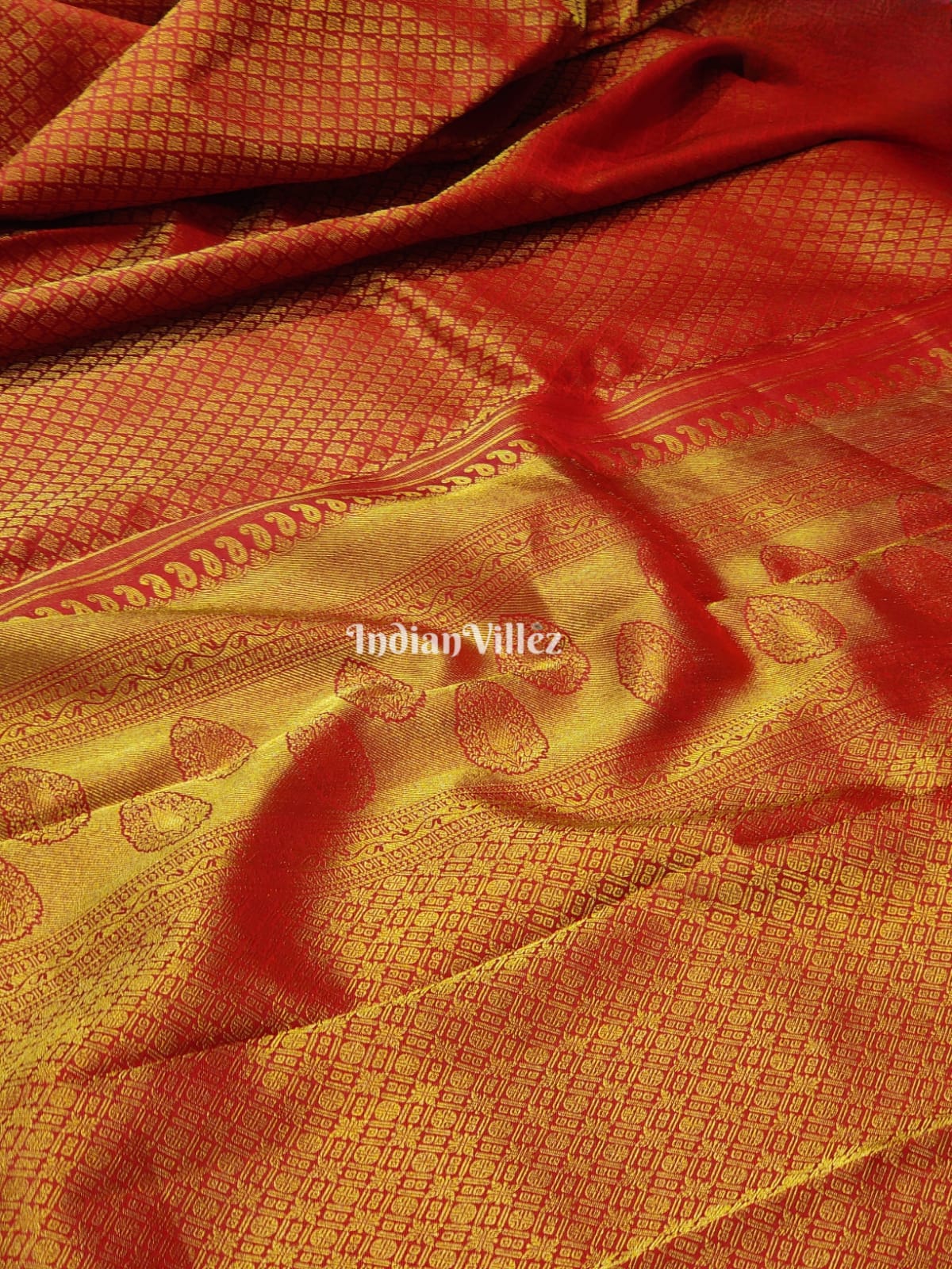 Red Kanchipuram Silk Saree by IndianVillez