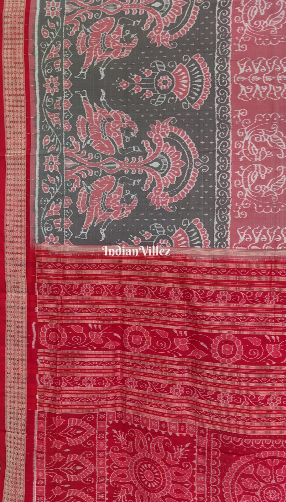 Peach Black Peacock Sambalpuri Ikat Silk Pastel Saree