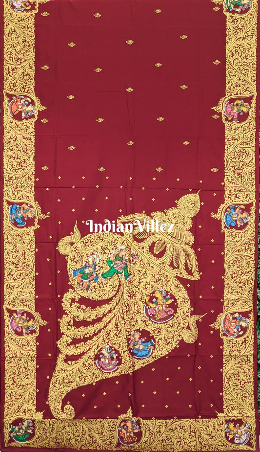 Maroon Sankha (Shell) Pattachitra on Kanjivaram Silk Saree