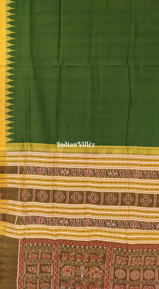 Olive Green with Yellow Kumbha Sambalpuri Ikat Silk Saree