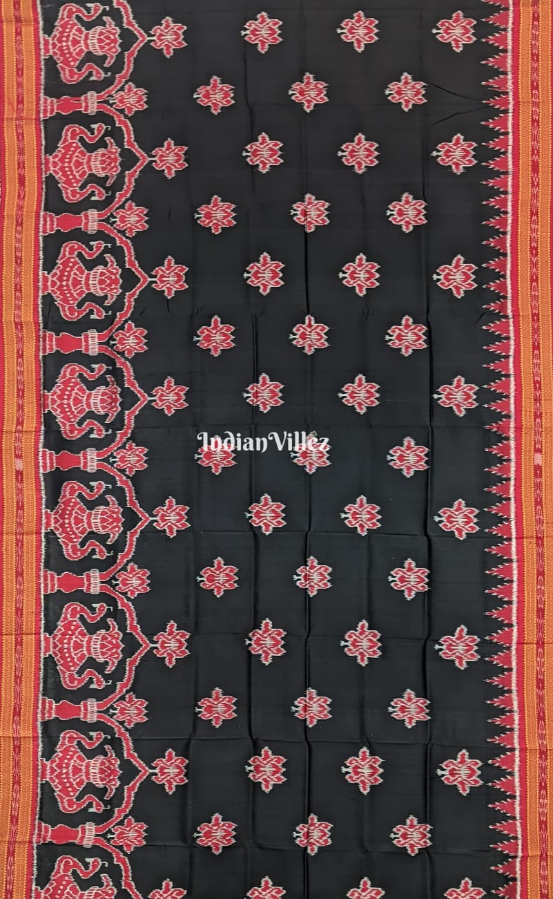 Black Maroon Lotus and Kalasa, Odisha Handloom Khandua Silk Saree