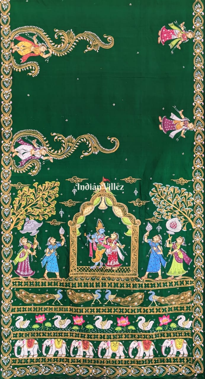 || रास || Green Krishna Rasa Lila Pattachitra Art Mulberry Silk Saree