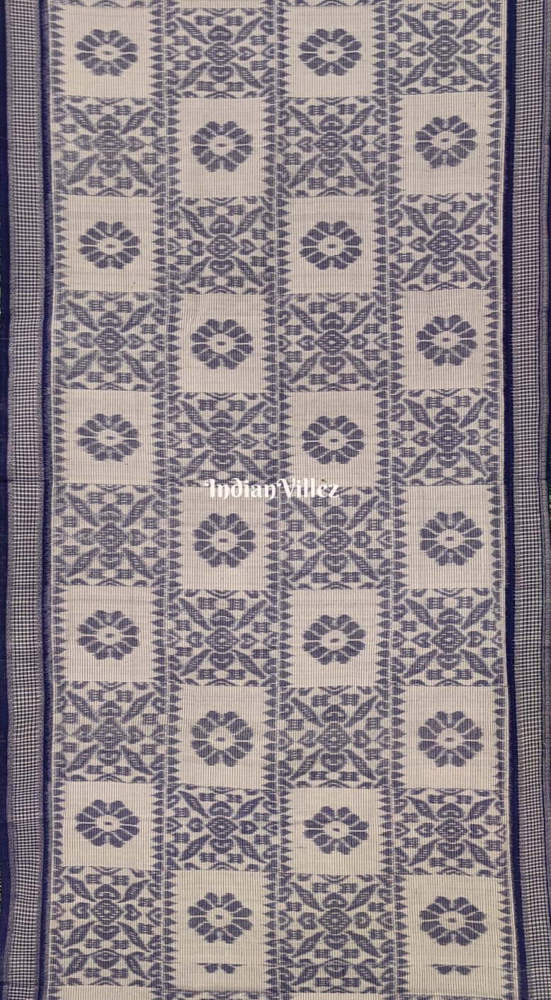 White Blue Computer Design Maniabandha Cotton Saree