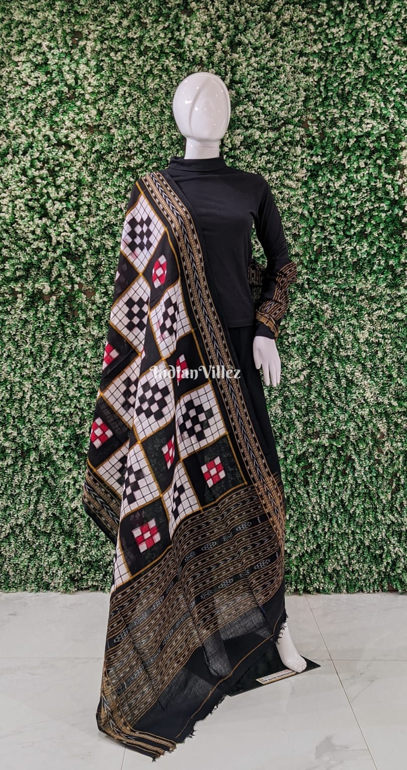 Black White Red Odisha Ikat Pasapali Theme Cotton Dupatta