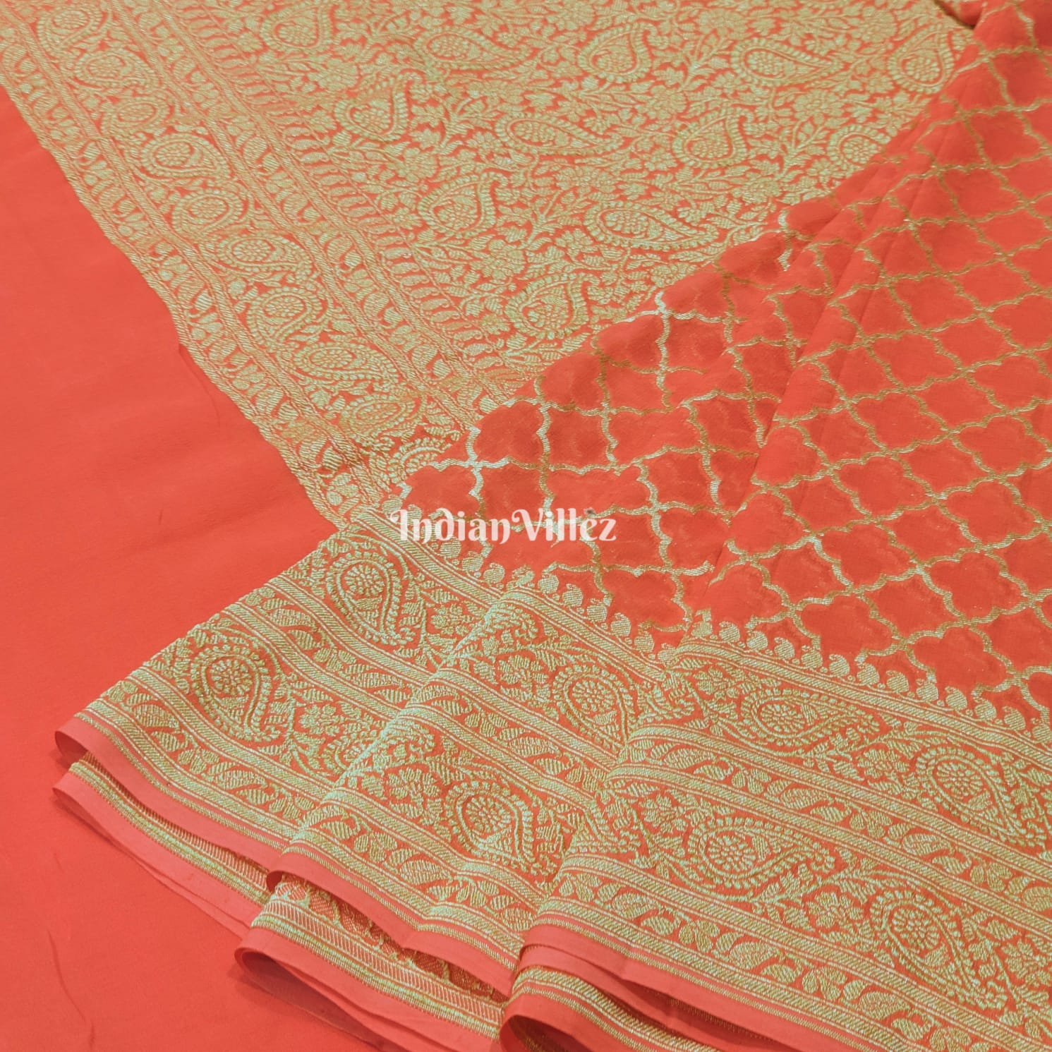 Orange Banarasi Khaddi Georgette Saree