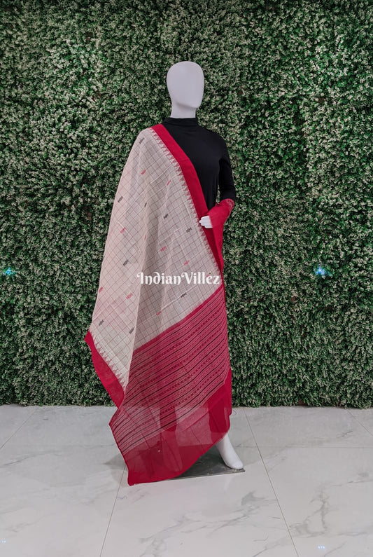 White Red Butta Design Sambalpuri Ikat Cotton Dupatta