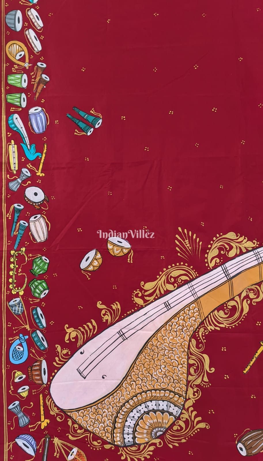 Maroon Sitar Instrument Pattachitra Art Pure Silk Saree