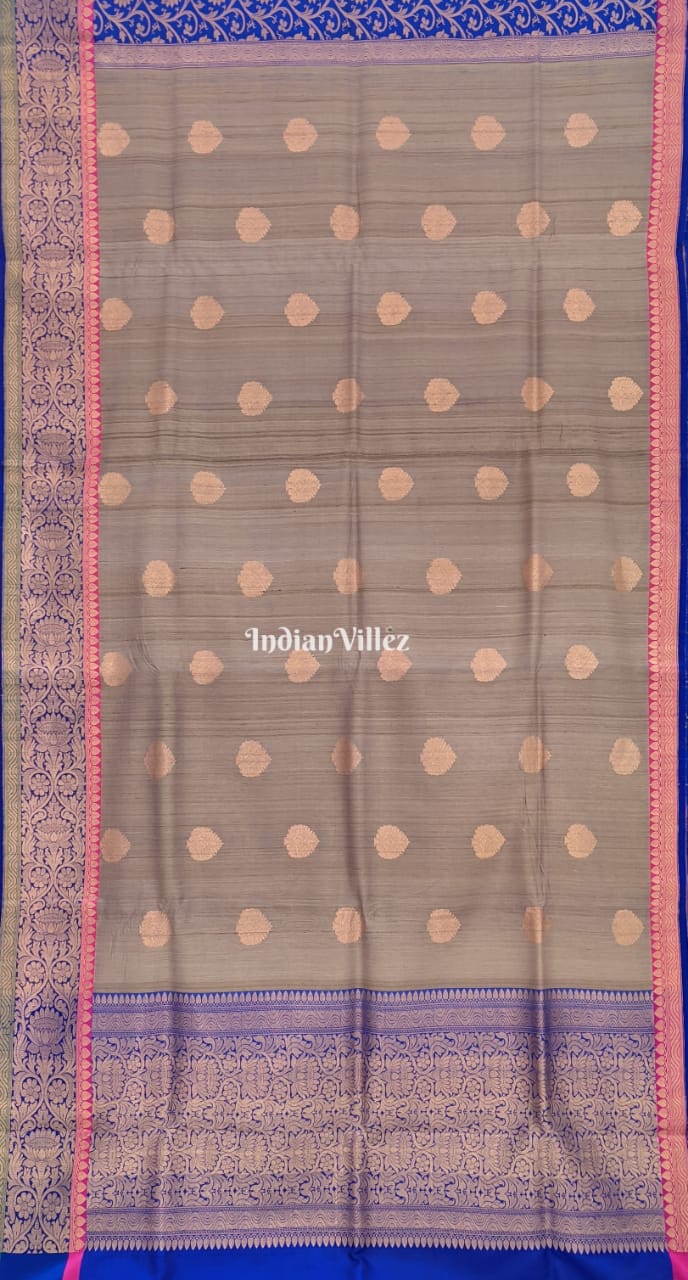 Blue-Grey Brocade Tussar Banarasi Handloom Silk Saree