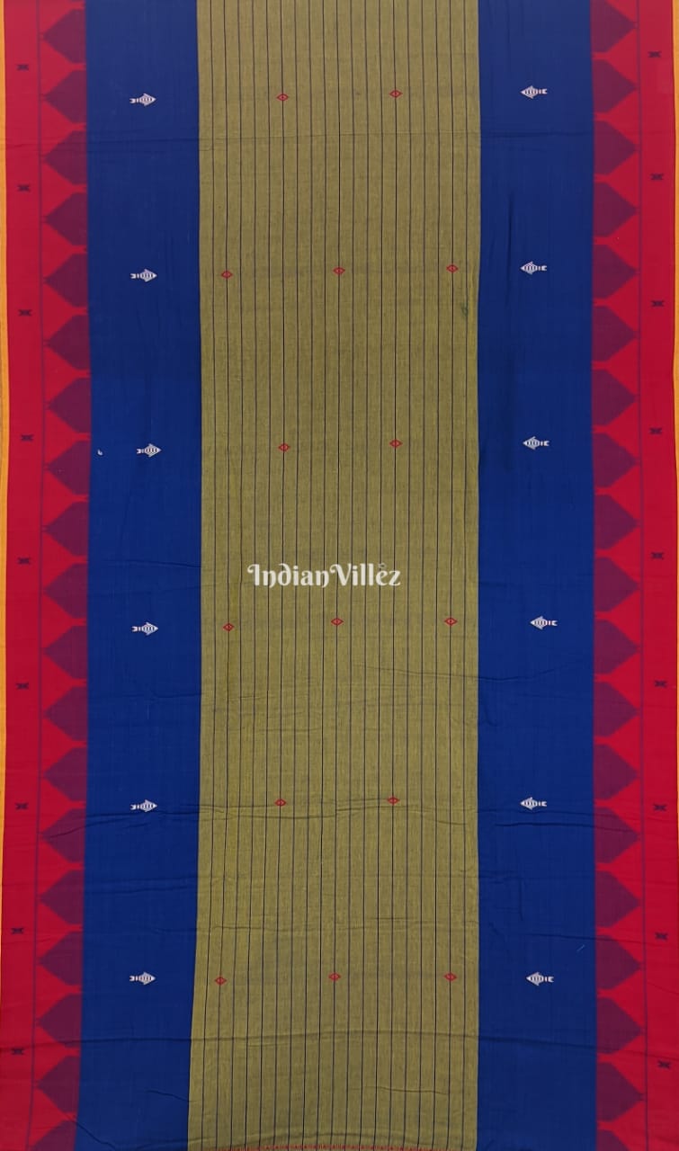 Kotpad Natural Dye Odisha Handloom Saree (Moss Green and Blue with Red Border)